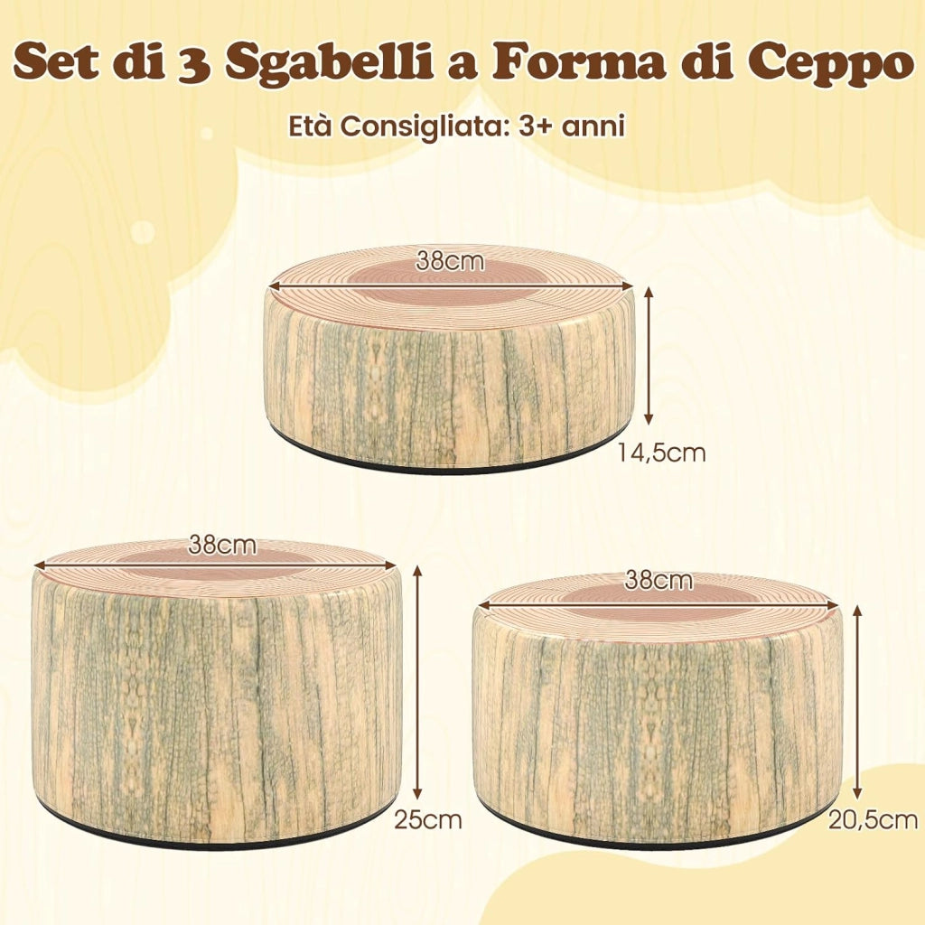 Set di 3 Sgabelli a Ceppo d'Albero, Cuscini da Pavimento per Bambini con Stampa Legno, Decorazione Naturale e Altezze Diverse, Sgabelli Rotondi per Aula, Casa e Asilo (Naturale)