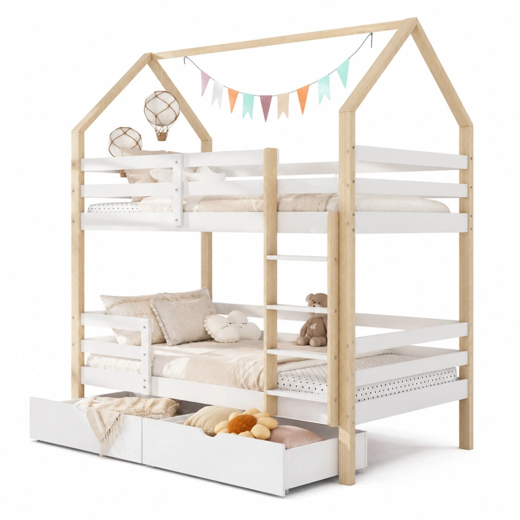 Letto a casetta per bambini 90x200 cm in legno di pino, con grandi cassetti e rete a doghe, bianco e rovere