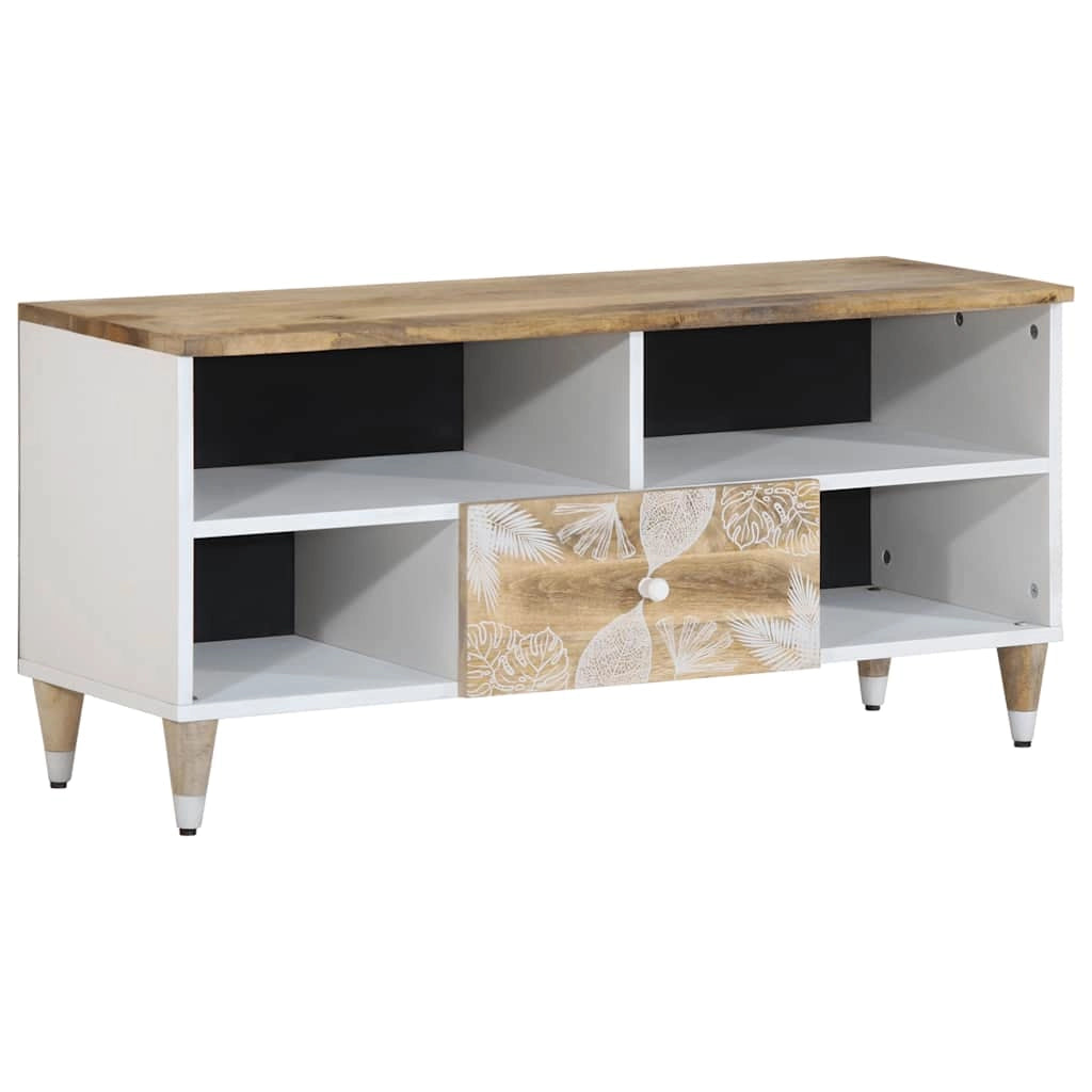 Mobile porta TV con cassetto e ripiani 100 x 33,5 x 46 cm pratico contenitore stile moderno legno di mango naturale 02_0057846