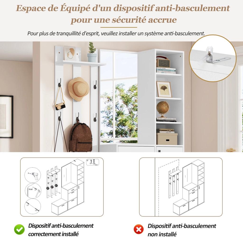 Mobile da ingresso con specchio e 6 ganci; 3 scarpiere ribaltabili; 1 cassetto; bianco; 120 × 30 × 178 cm