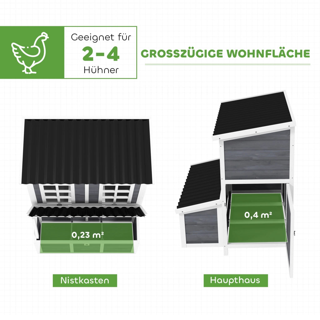 Pollaio per 3-4 Galline con Nido e Tetto Impermeabile ¨C zephmum ¨C Legno di Abete, Plastica, Grigio Chiaro, 100x86x100 cm
