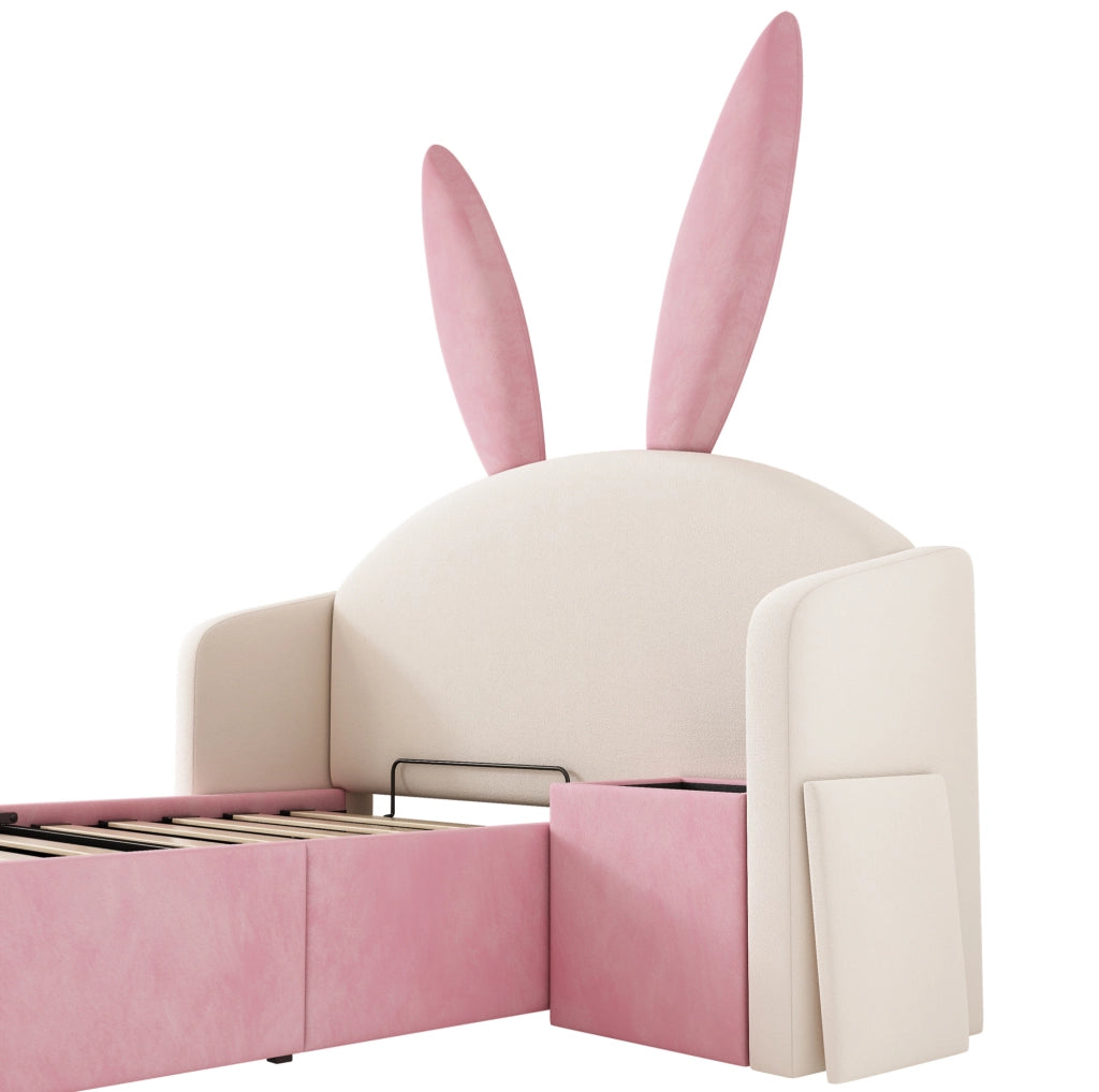 Letto singolo per bambini 90x190 cm in velluto beige e rosa con contenitore idraulico e comodino
