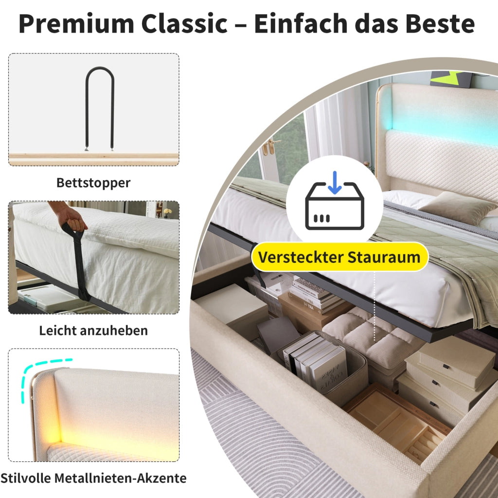 Letto matrimoniale 140x200 cm beige con LED, USB-C e contenitore