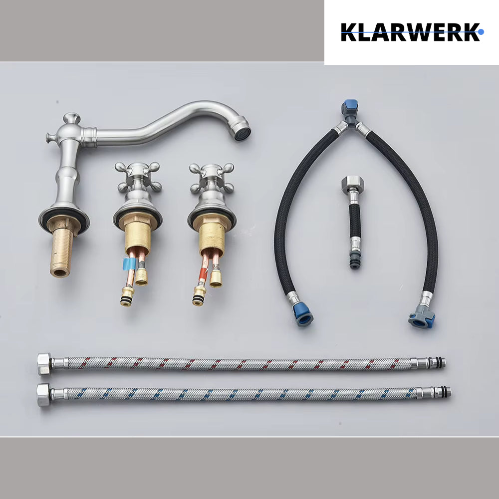 JULIAN | Rubinetto da bagno vintage a 3 fori argento spazzolato | Lavello in acciaio inossidabile retrò premium | Antico miscelatore 2 maniglie