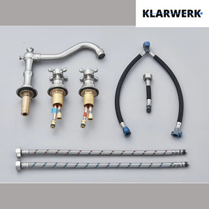 JULIAN | Rubinetto da bagno vintage a 3 fori argento spazzolato | Lavello in acciaio inossidabile retrò premium | Antico miscelatore 2 maniglie