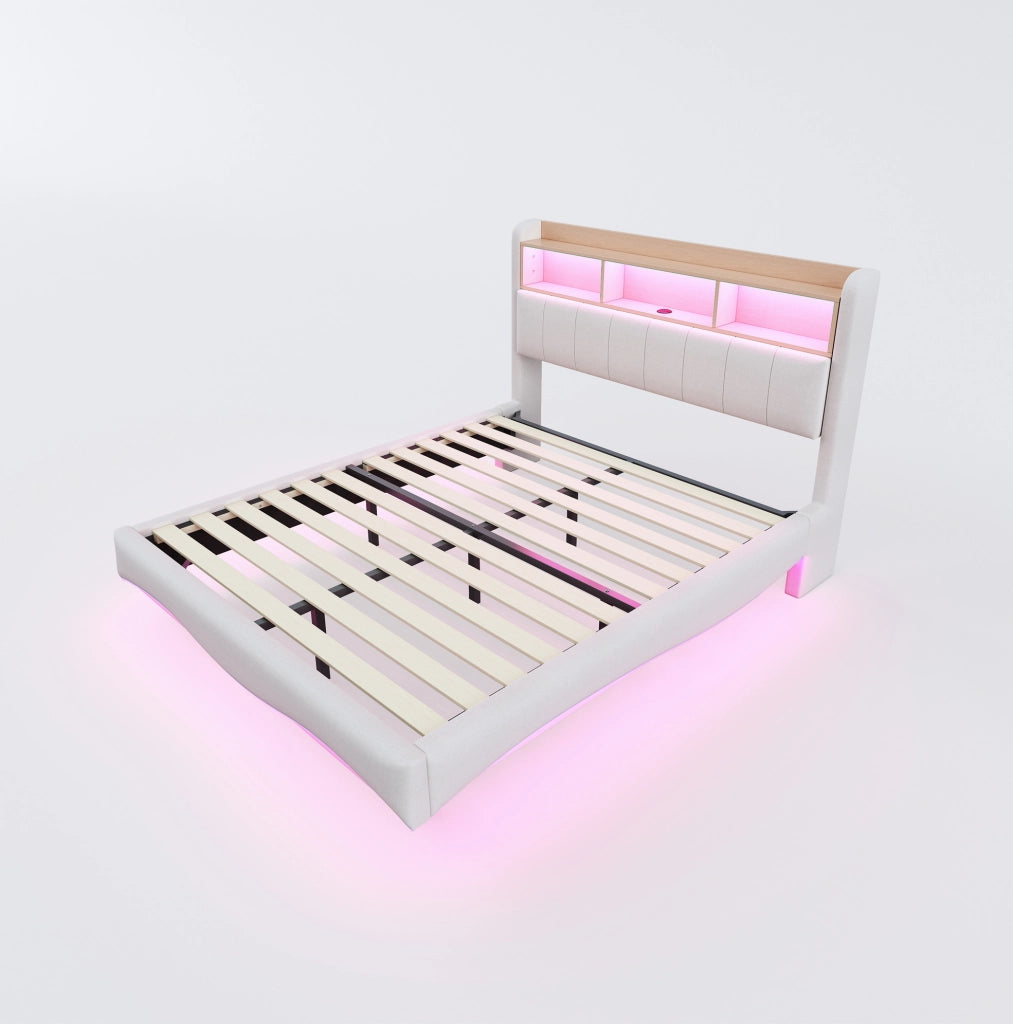 Letto imbottito sospeso 140x200 cm con LED, USB e USB-C in tessuto beige