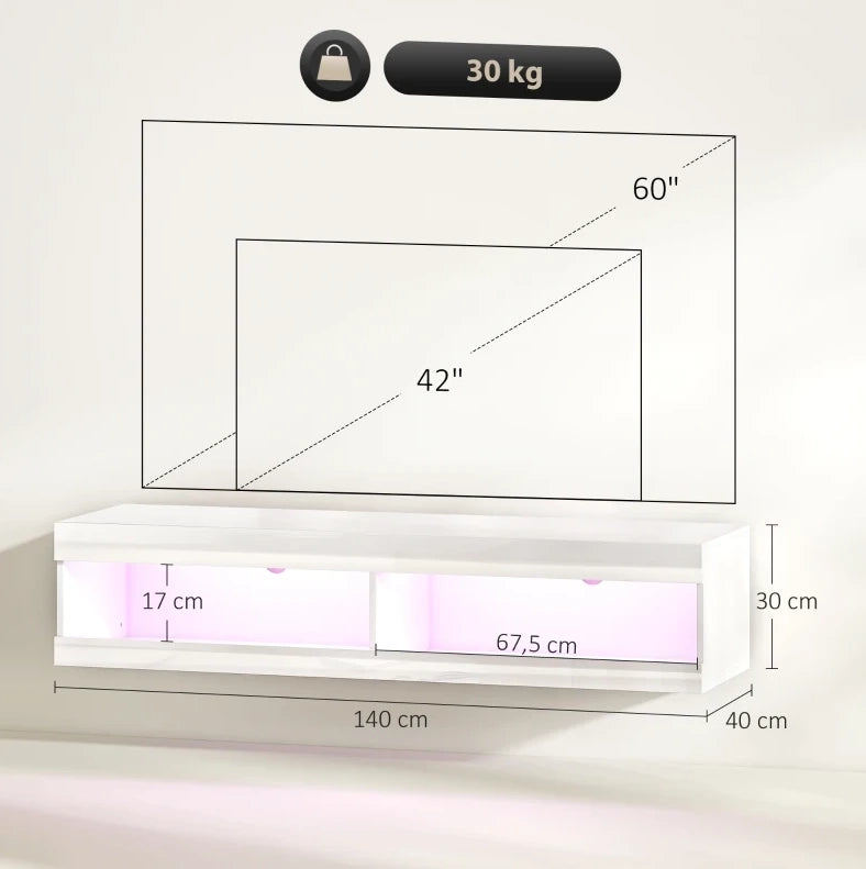 Mobile TV sospeso 140 cm bianco lucido con LED RGB e 2 vani aperti