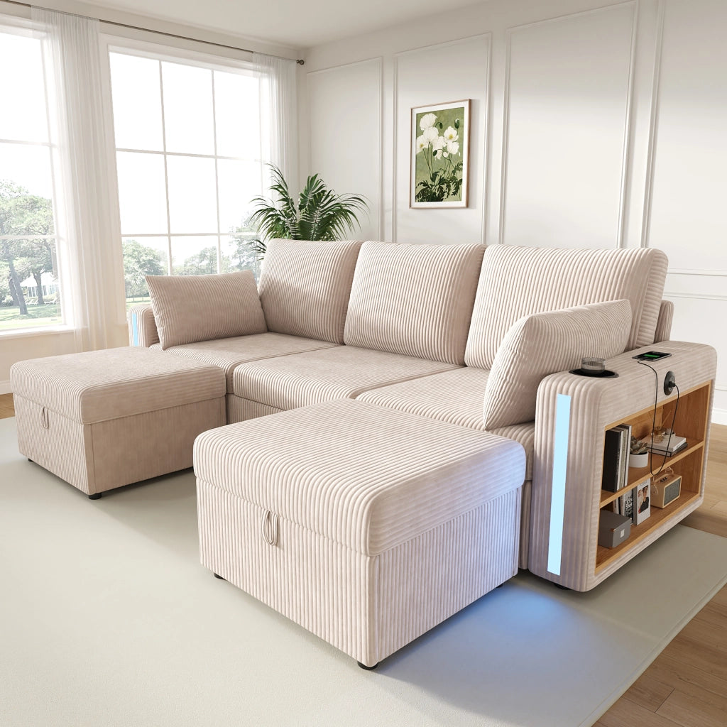 Divano angolare modulare in tessuto a coste con seduta contenitore, LED, USB e porta bicchieri beige