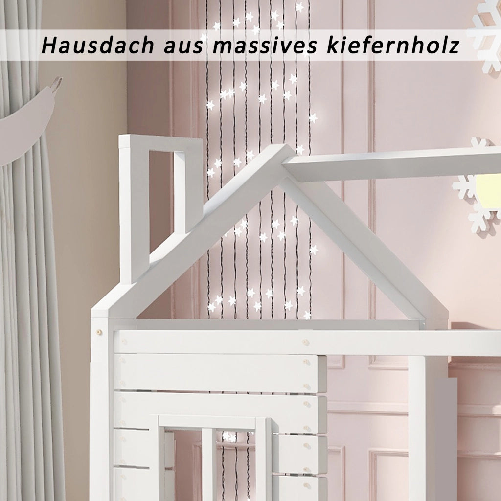 OKWISH Letto a Casetta 90×200 cm, Letto Singolo con Sponda, 2 Cassetti e Finestre, senza Materasso, in Pino Massello, Bianco