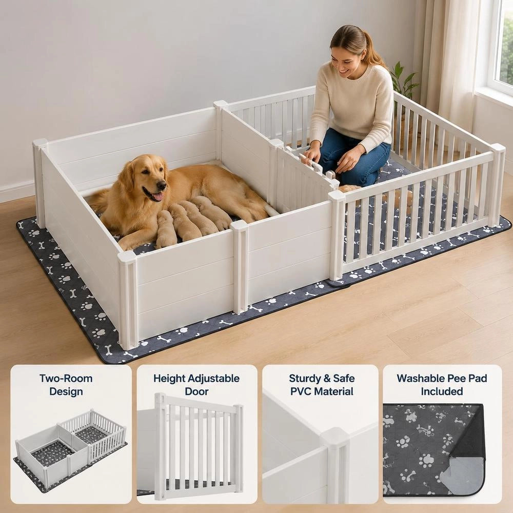 Whelping Box For Dogs, 237x123x46 Cm, Puppy Playpen Made Of PVC Plastic With Height-adjustable Door And Washable Pee Pad, 2-room Layout, Puppy Box For Extra-large Dogs, Milk White