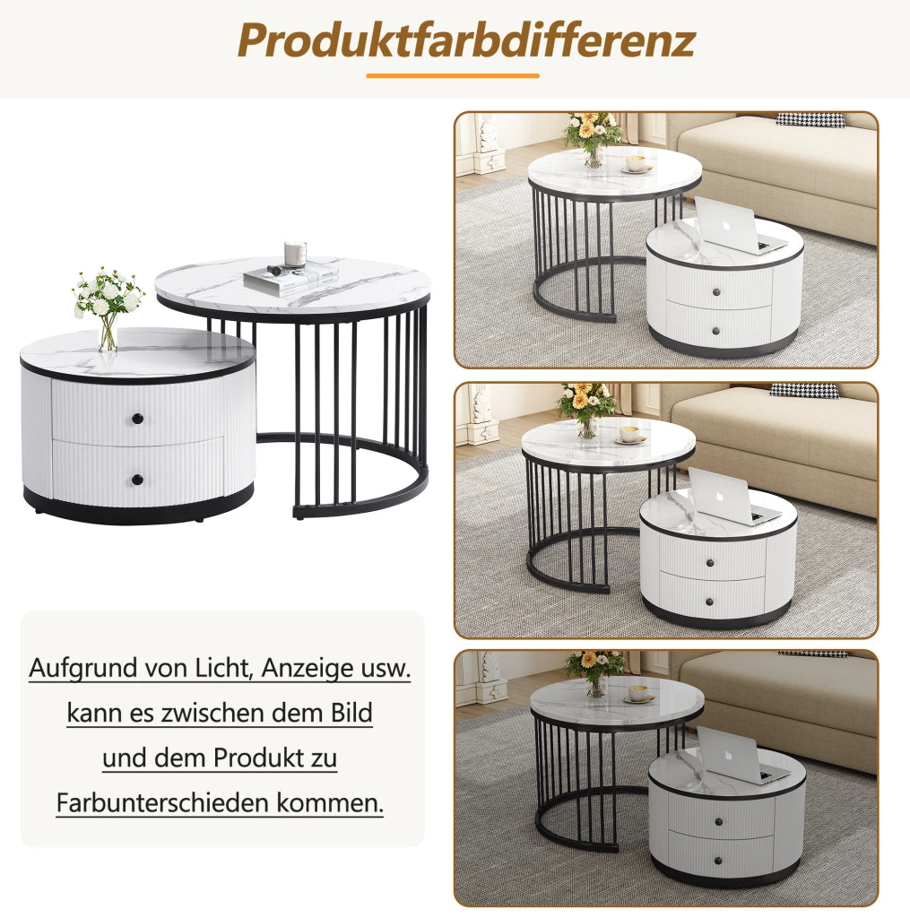 Set 2 tavolini da caffè rotondi con 2 cassetti; effetto marmo lucido; MDF; bianco/nero