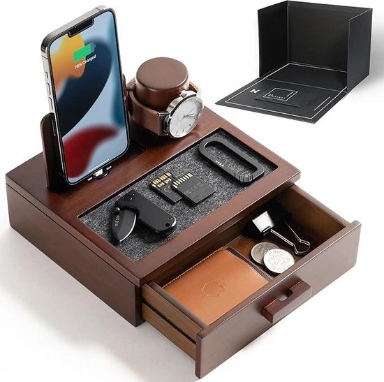 Organizzatore per la notte per uomini - stazione per il caricabatterie in legno e orologio e accessori da ordinare - con cassetto imbottito