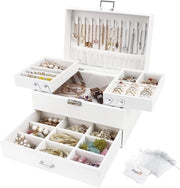 Cassettino da gioielli a scomparsa per signore e ragazze - cassettino da gioielli in pelle PU - grande organizzatore da gioielli per anelli, orecchini, bracciali, collane - bianco