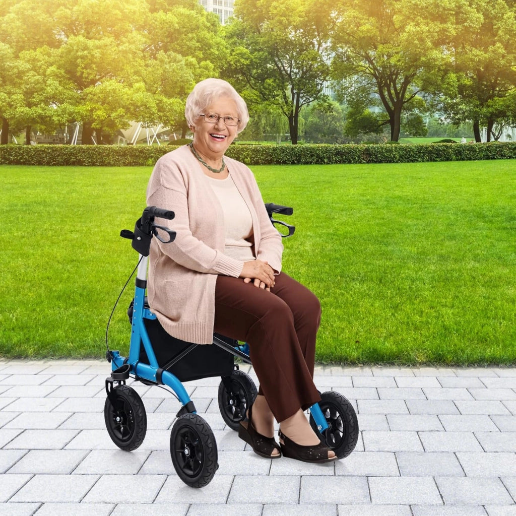 Deambulatore con Seduta 2 in 1, Rollator Pieghevole per Anziani con 4 Ruote, Maniglie Regolabili in Altezza 81-94cm, Portaombrelloni e Borsa Portaoggetti, Carico Massimo 160 kg (Blu)