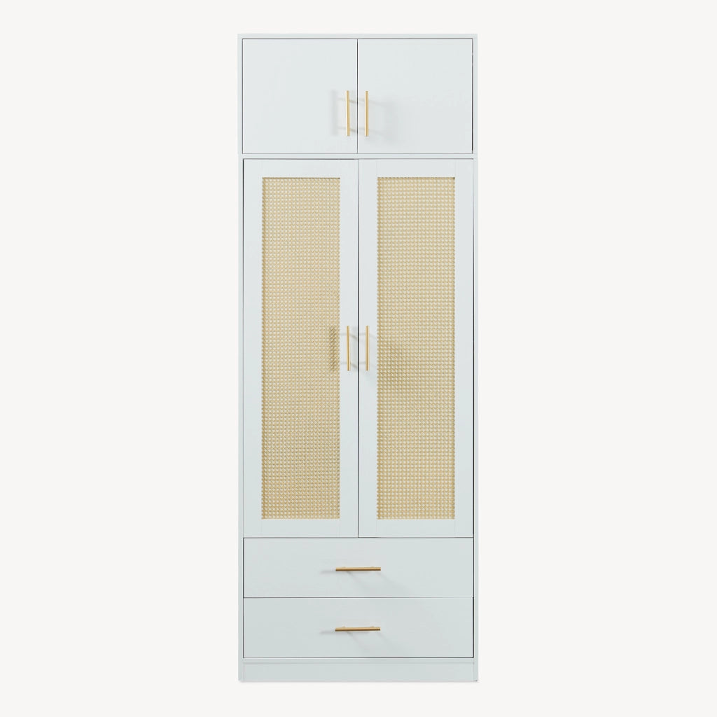 Armadio da Guardaroba Larundi con 4 Ante e 2 Cassetti 216 x 80 x 52 cm - Bianco/Effetto Rattan [en.casa]