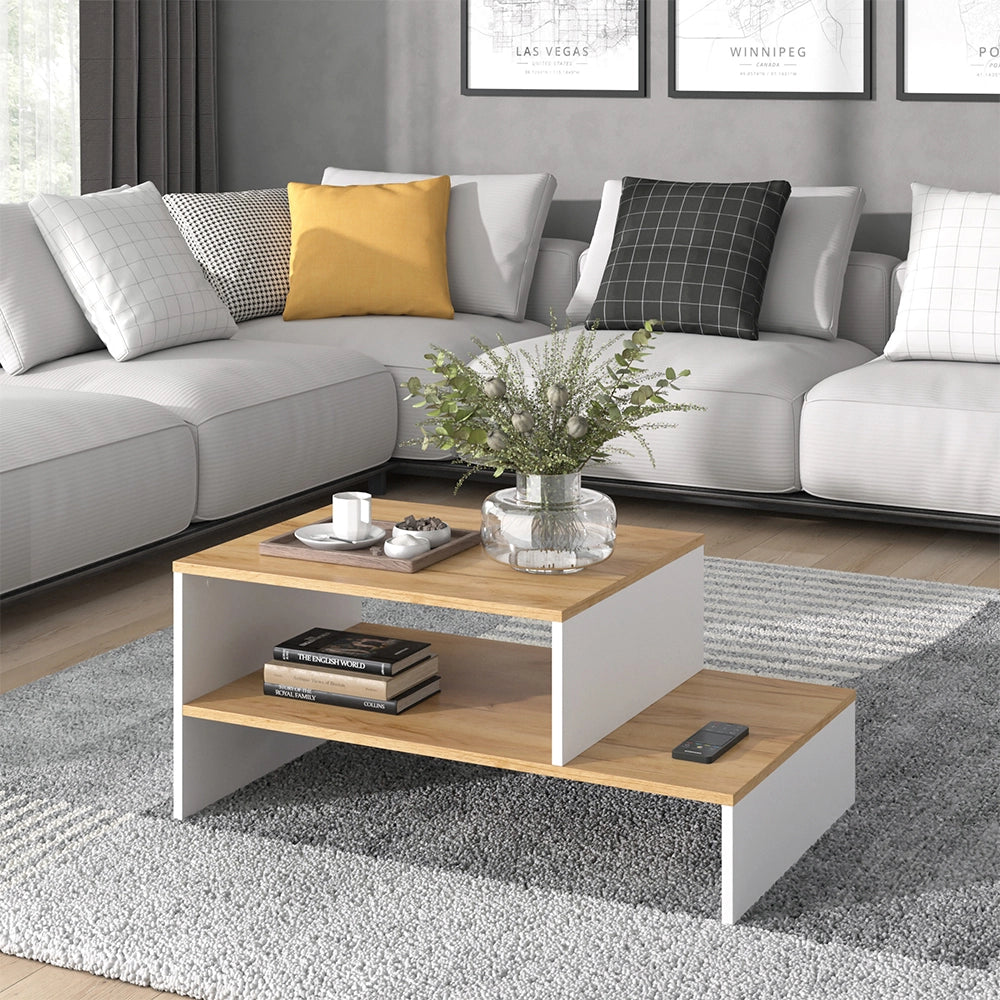 Vicco Tavolino salotto Quercia dorata/bianco 90 x 55 cm con ripiano