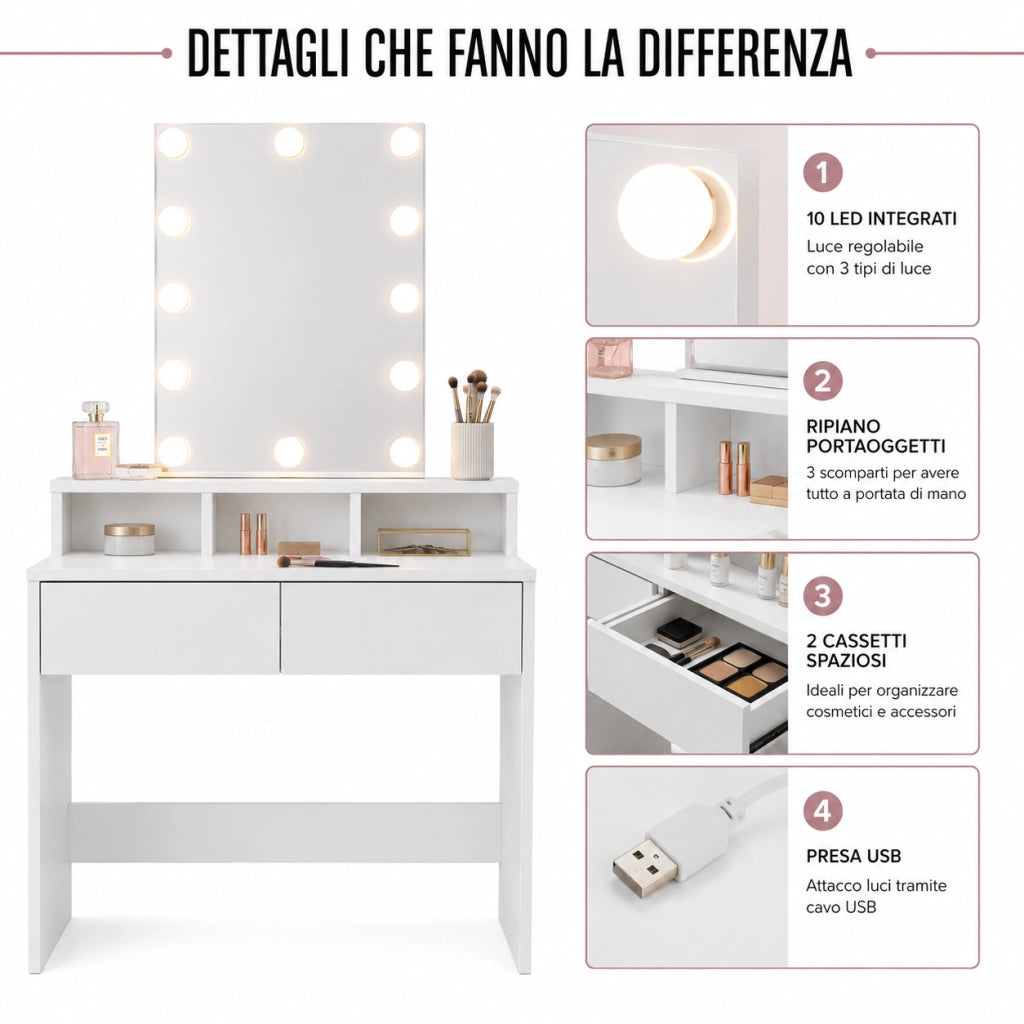 Consolle Trucco con Specchio Led 80x40 cm 2 Cassetti Luce Regolabile usb Bianca