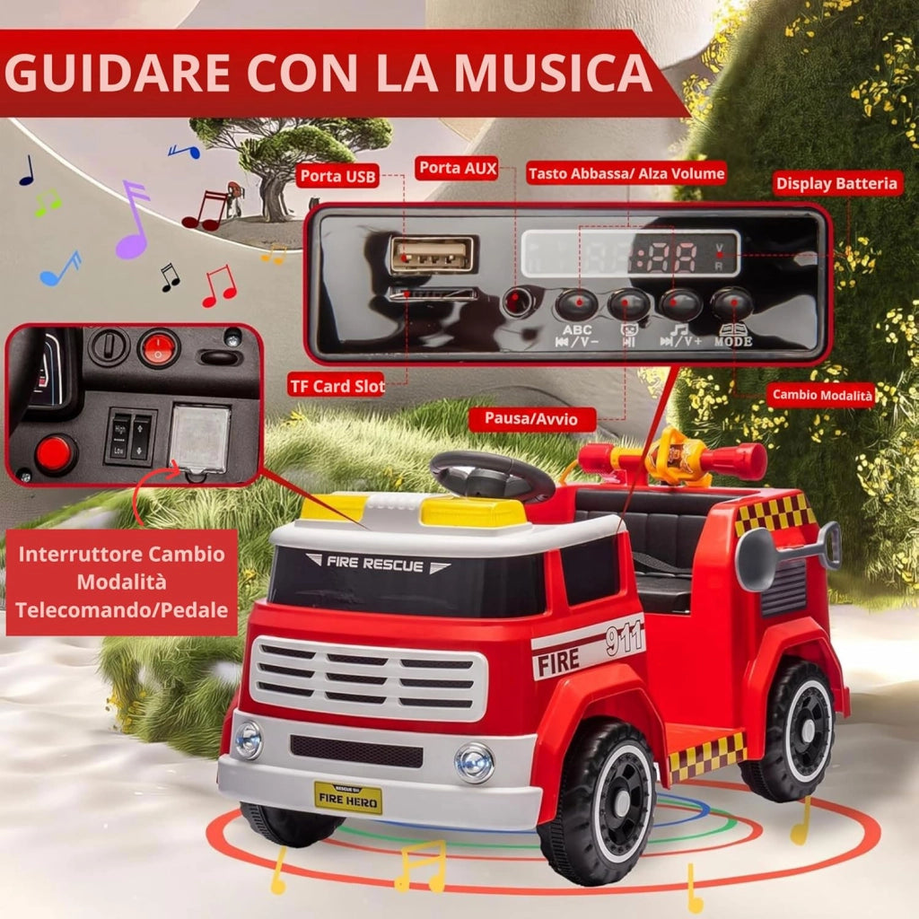 Macchina Elettrica per Bambini Camion dei Pompieri Telecomandato 12V 7,5Ah Rosso