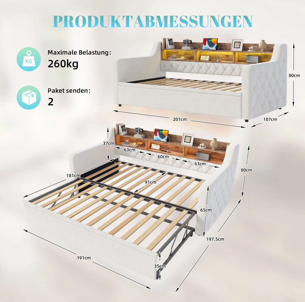 Divano letto 90x190 cm estraibile; testiera contenitore; LED; USB e Type-C in velluto beige