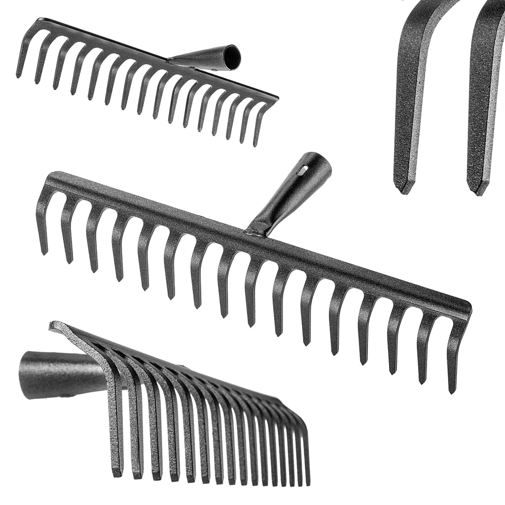 Rastrello per foglie in acciaio KADAX a 16 denti, senza manico, per terra ed erba.