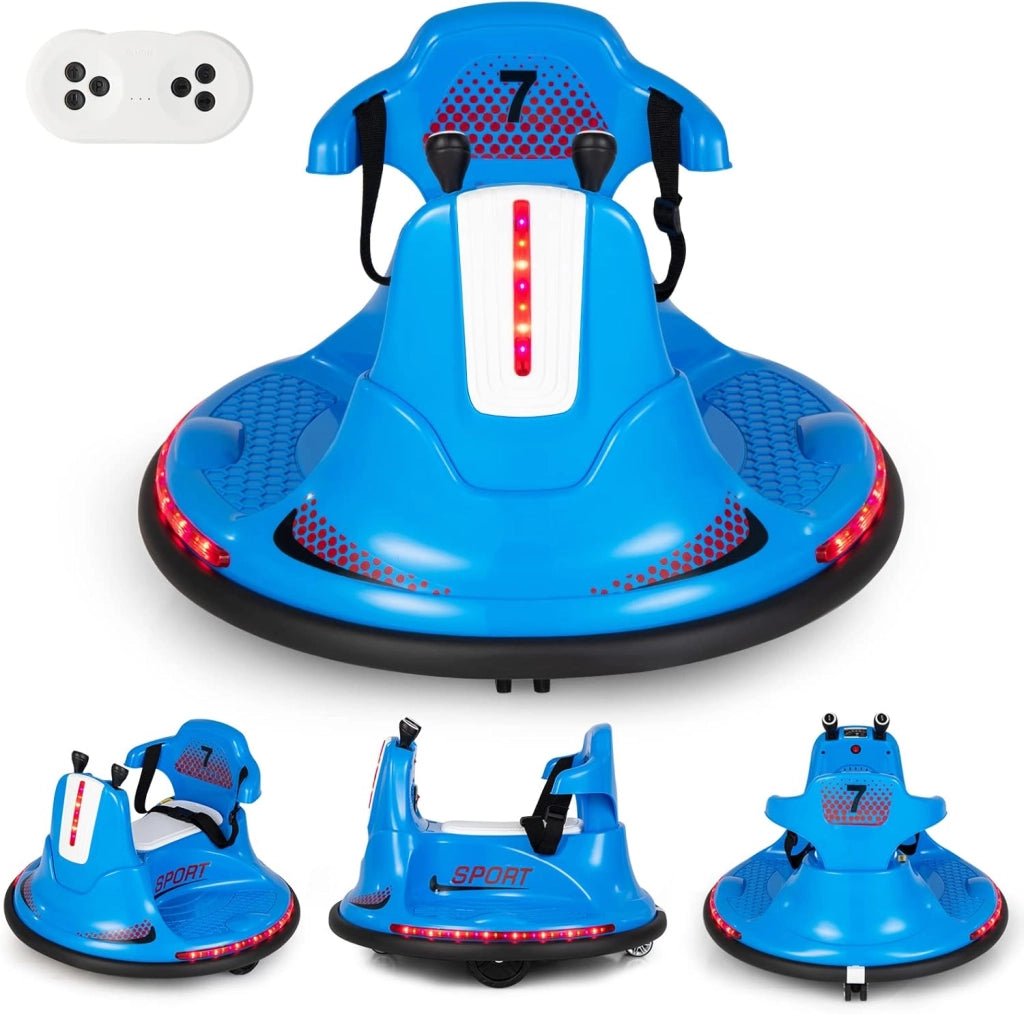6V Autoscontro Elettrico per Bambini, Veicolo Elettrico con Telecomando, Girevole a 360°, Luci LED Colorate e Cintura di Sicurezza Regolabile, 37-95 Mesi (Blu)