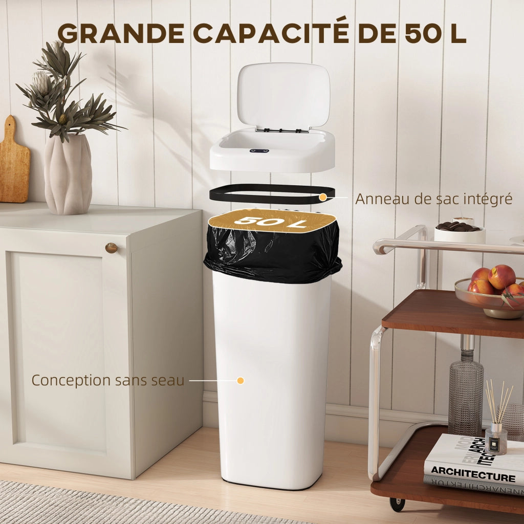 Cestino Automatico per Cucina 50L ¨C Minimal ¨C Acciaio Inox, Bianco, 33x25x84cm