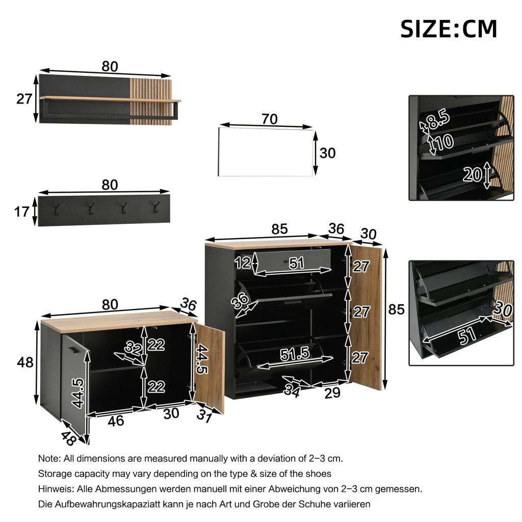 Mobili da ingresso set a 2 armadi con specchio 4 ganci e scarpiera ribaltabile in truciolare nero e naturale