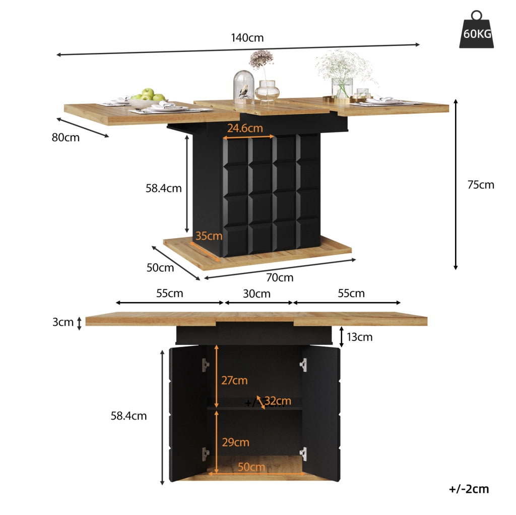 Tavolo allungabile 110-140x80x75 cm; in MDF e metallo; nero e naturale