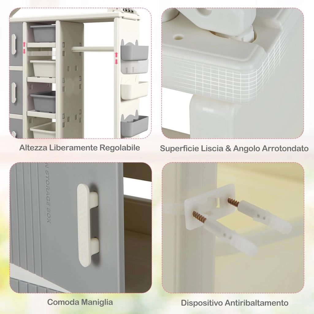 Armadio per Bambini, Organizzatore a Forma di Casa con 1 Lavagna, 3 Armadietti, 4 Cestini, 3 Cubi Chiusi e 3 Cestini Laterali, Armadietto Salvaspazio per Camera da Letto e Soggiorno (Grigio)