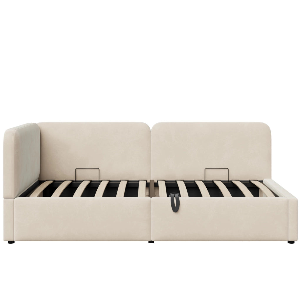 Divano letto imbottito 207x96x78 cm con spazio contenitore idraulico; tessuto beige