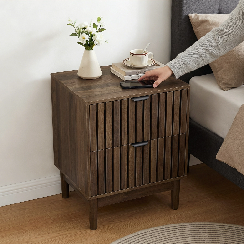 Comodino Mid-Century Modern ¨C MINIMAL ¨C Legno con 2 Cassetti, 45x39x56,5 cm