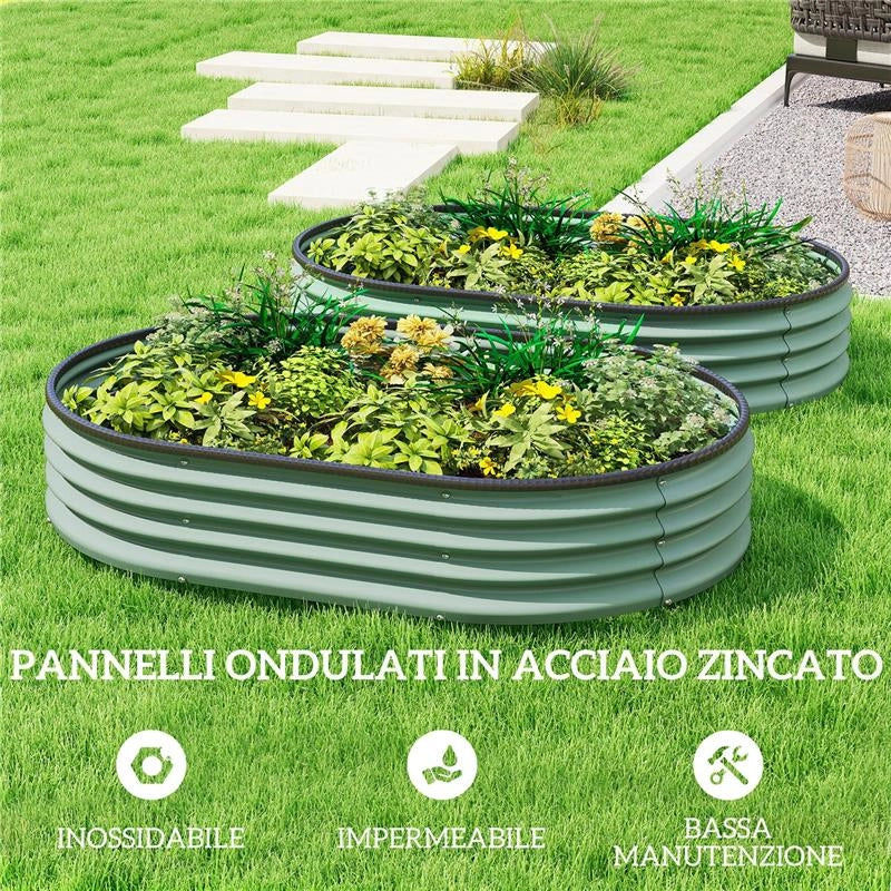 SET DI 2 AIUOLE RIALZATE IN METALLO GALVANIZZATO CON BORDO IN GOMMA E DESIGN MODULARE, 135X90X30 CM VERDE