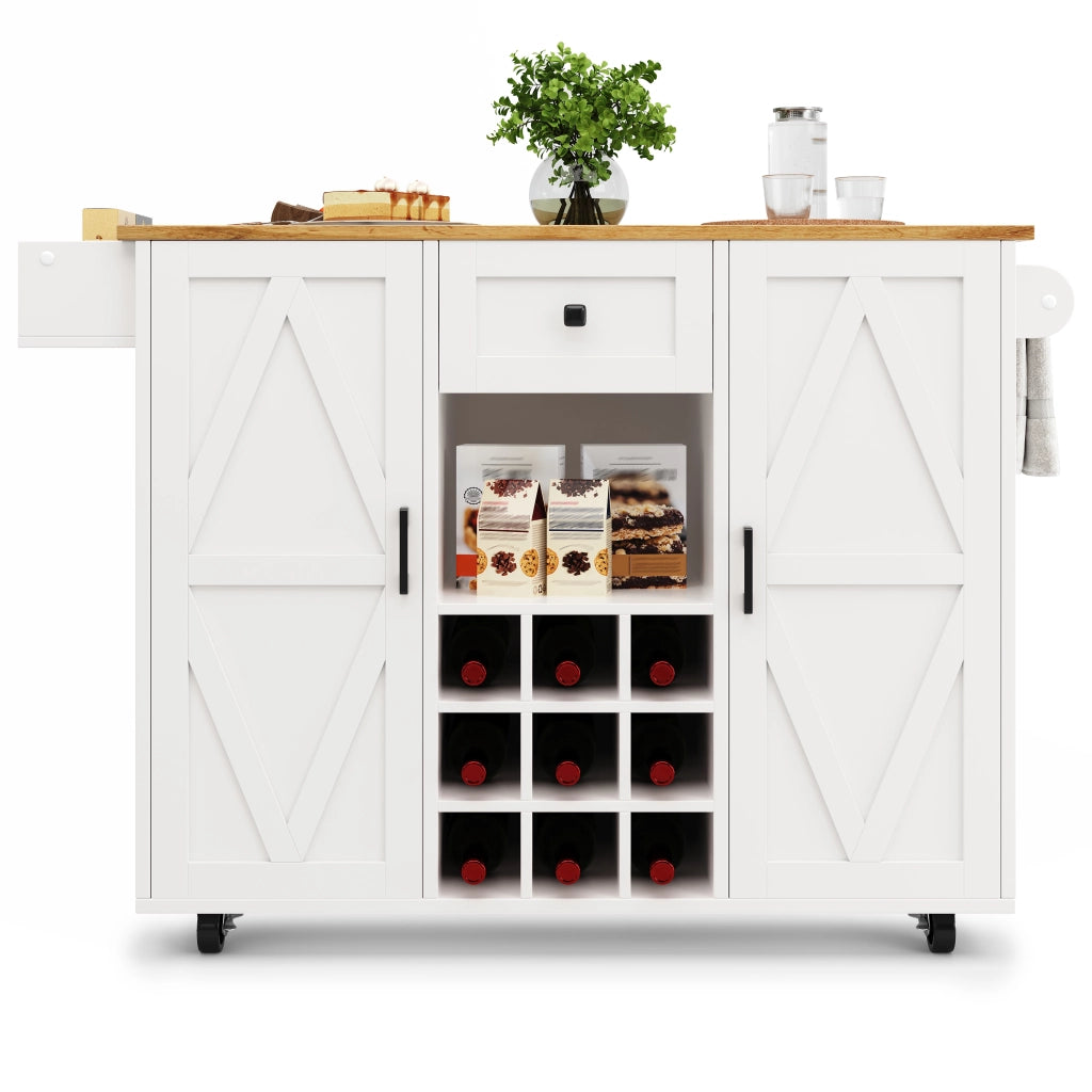 Isola cucina multifunzione bianca con piano ribaltabile, cassetto, vani laterali e armadio a 2 ante