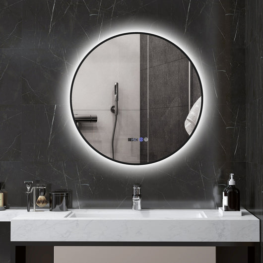 Specchio Bagno con Luce LED a 3 Tonalità Ø70 cm Antiappannamento e Display Tempo e Temperatura Nero