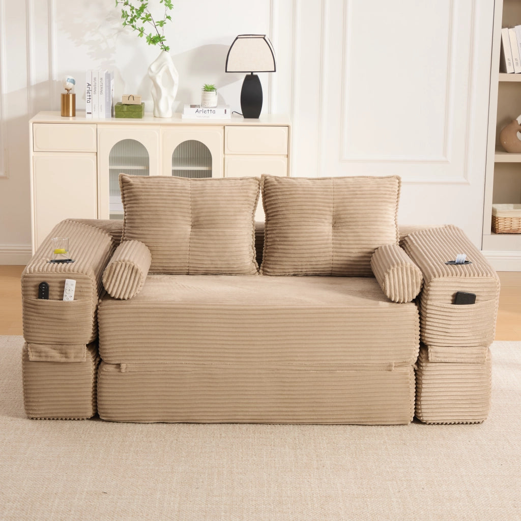 Divano Letto 2 Posti Reclinabile ¨C MINIMAL ¨C Tessuto a Coste, Cuscini Memory, con Tasche e Portabicchieri