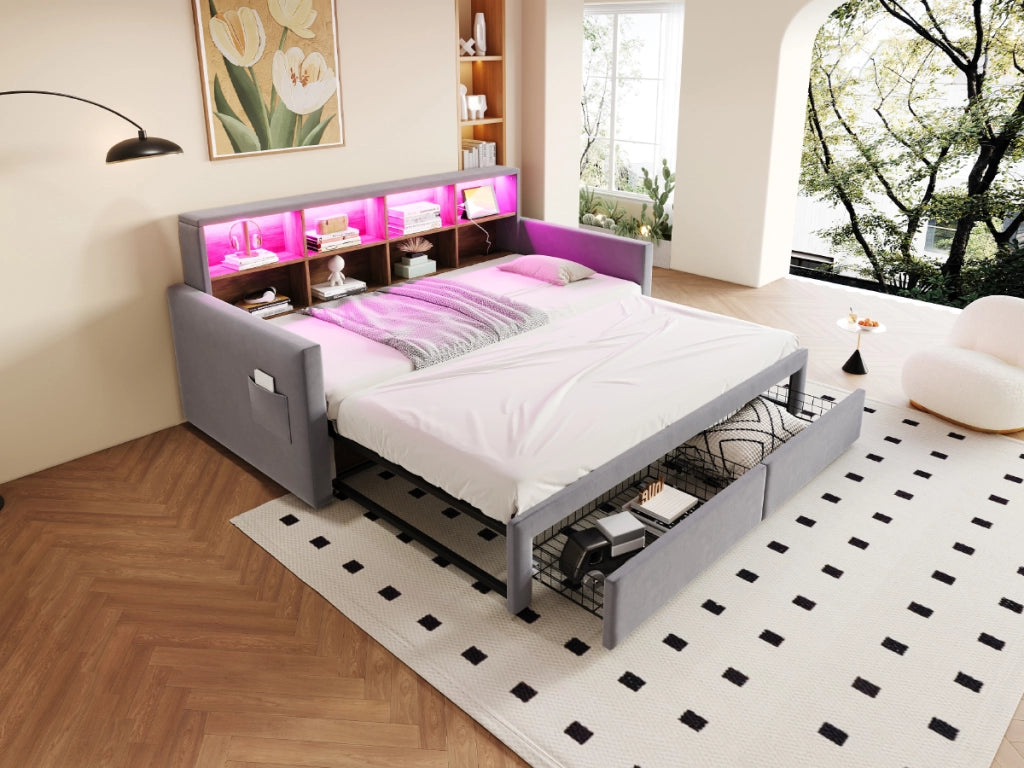 Letto imbottito in velluto grigio chiaro con illuminazione a LED e porta USB 90x190 cm
