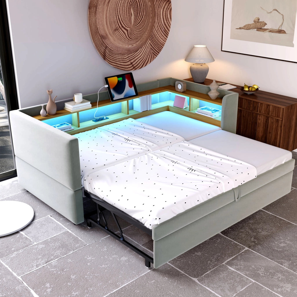 Divano letto imbottito 90/180 x 190 cm con luci LED, prese, vani contenitore e struttura in metallo
