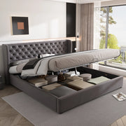 Letto matrimoniale imbottito stile Chesterfield 180x200 cm in velluto grigio con contenitore
