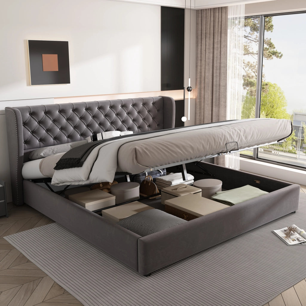 Letto matrimoniale imbottito stile Chesterfield 180x200 cm in velluto grigio con contenitore