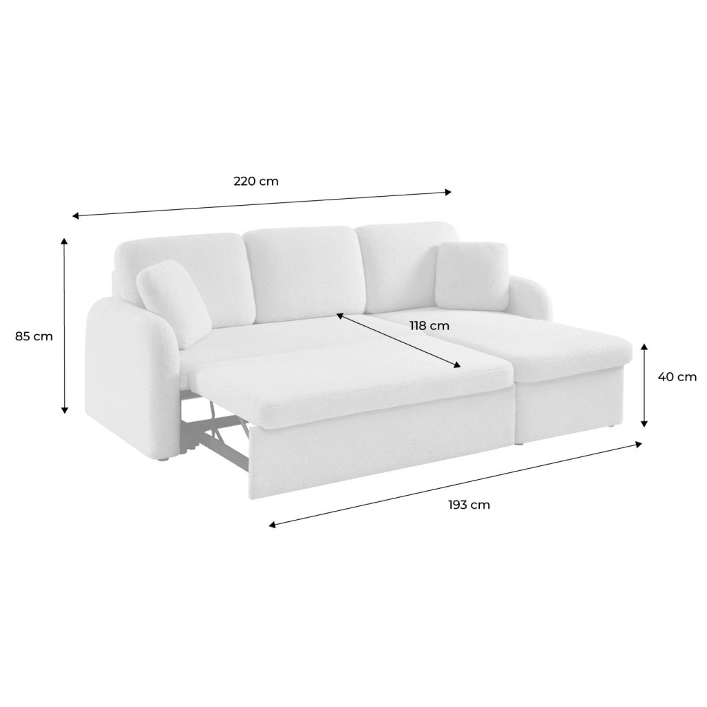 Divano letto angolare reversibile in bouclé con contenitore, 3 posti,