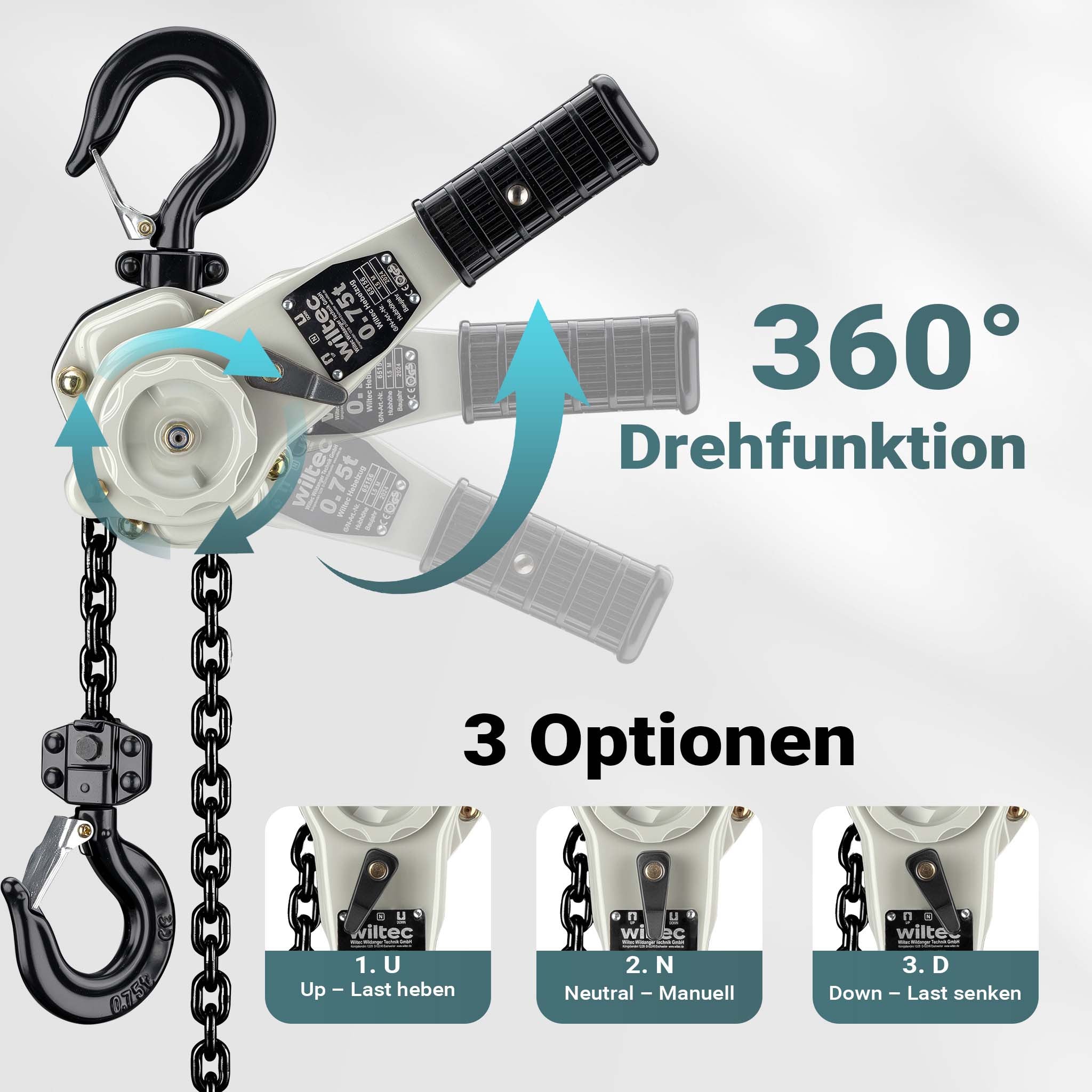 Paranco a leva 0,75 t x 1,5 m, paranco a catena compatto con impugnatura girevole a 360°, per lavori di sollevamento in spazi ristretti