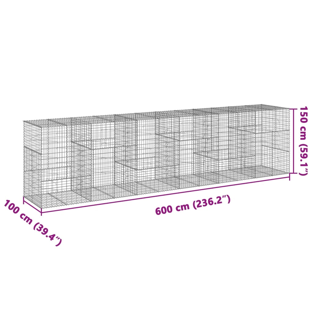 Gabbione recinto a gabbia muro di contenimento con coperchio 600 x 100 x 150 cm ferro zincato argento 02_0040180