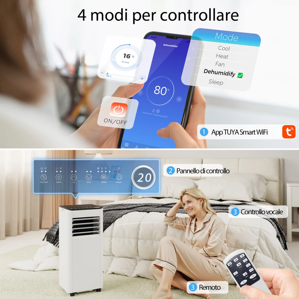 Condizionatore Portatile 9000 BTU con Raffreddamento, Deumidificatore, Ventilatore e Modalit¨¤ Notte.
