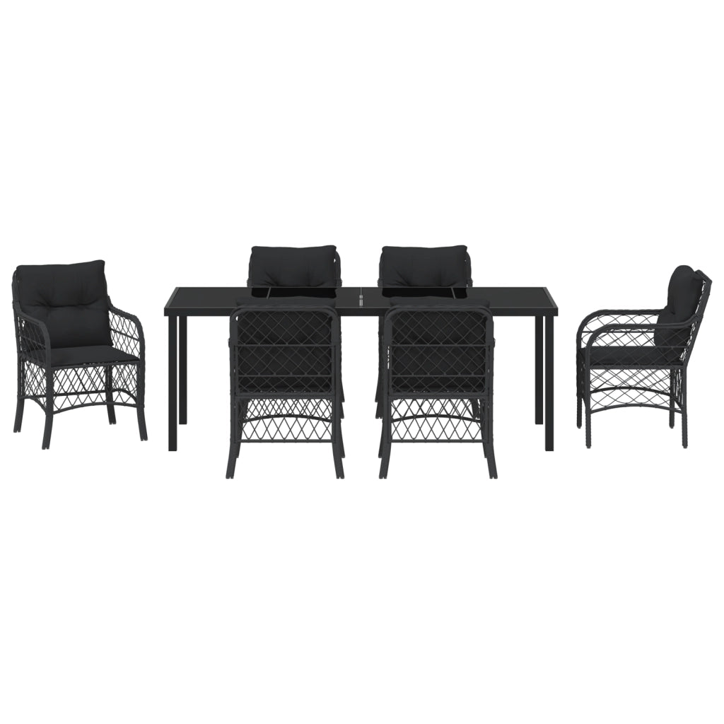Set da Pranzo da Giardino 7 Pezzi con Cuscini in Polyrattan Nero