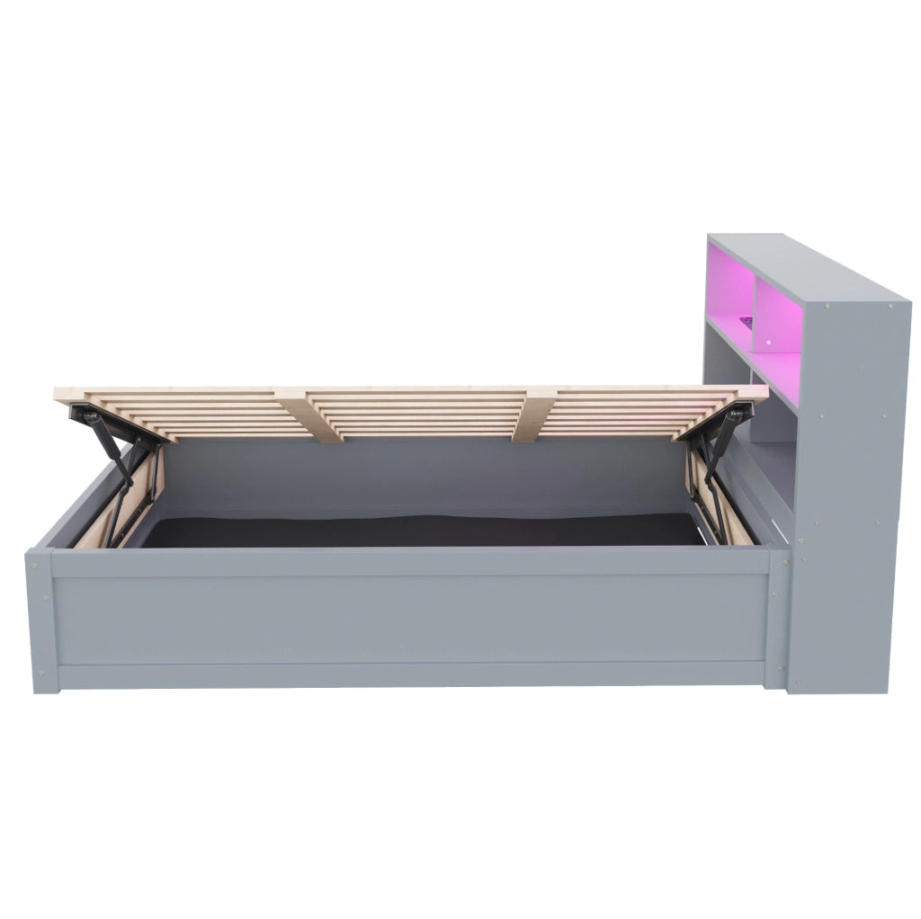 Letto singolo multifunzione 90x200 cm con presa integrata; LED e 4 vani portaoggetti; grigio