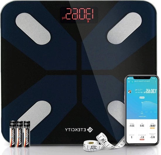 Peso corporeo digitale con Bluetooth, applicazione intelligente - peso corporeo, BMI, massa muscolare, acqua, proteine - 28 unità fino a 180 kg, inclusi batterie.