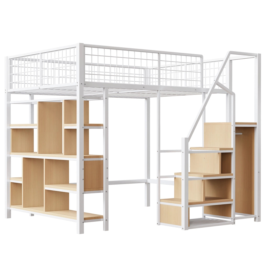 Letto a soppalco multifunzionale 140 x 200 cm in metallo e legno con scala contenitore, bianco