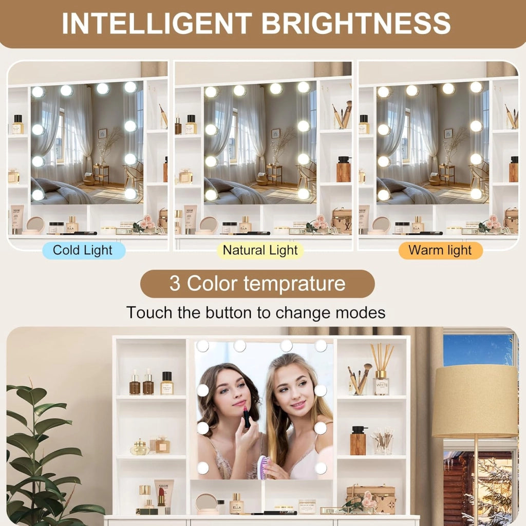 Toeletta con specchio e sgabello, scrivania con 3 cassetti e 4 ripiani, scrivania per trucco con luci LED regolabili, tavolo da trucco per camera da letto, 100 x 40 x 140 cm, bianco, HZ661223