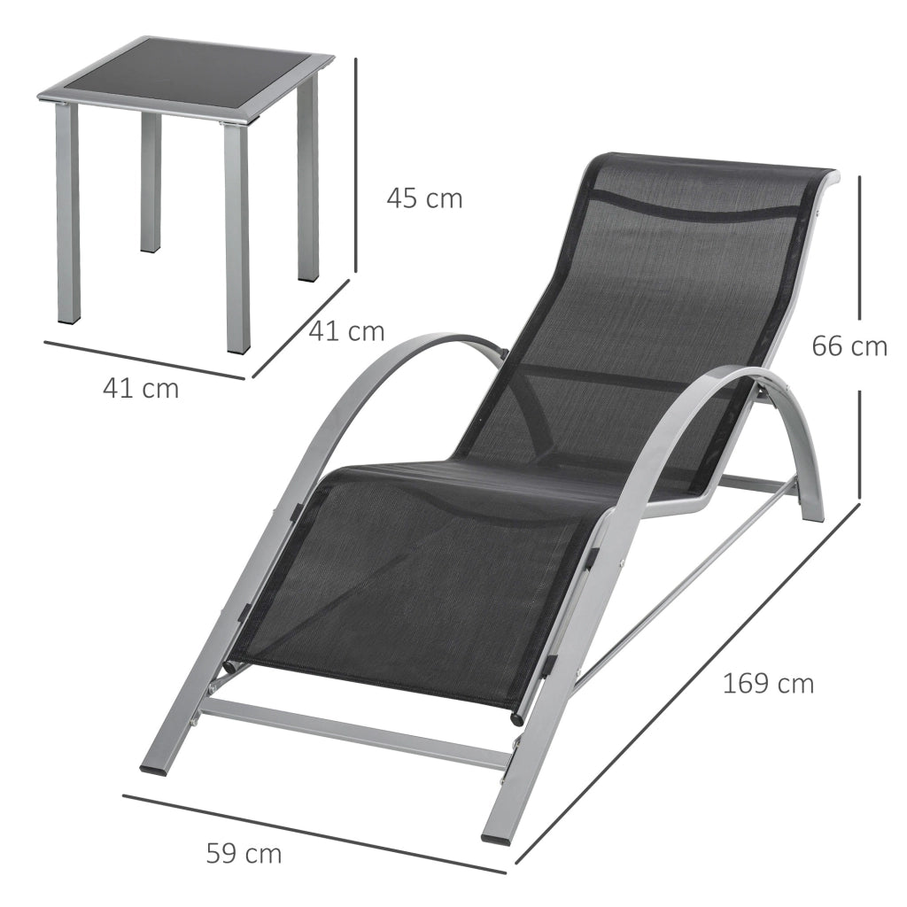 Easycomfort Set 2 Sdraio da Giardino e Tavolino con Vetro, Lettino Prendisole con Tessuto Traspirante 59 x 169 x 66cm, Nero Grigio