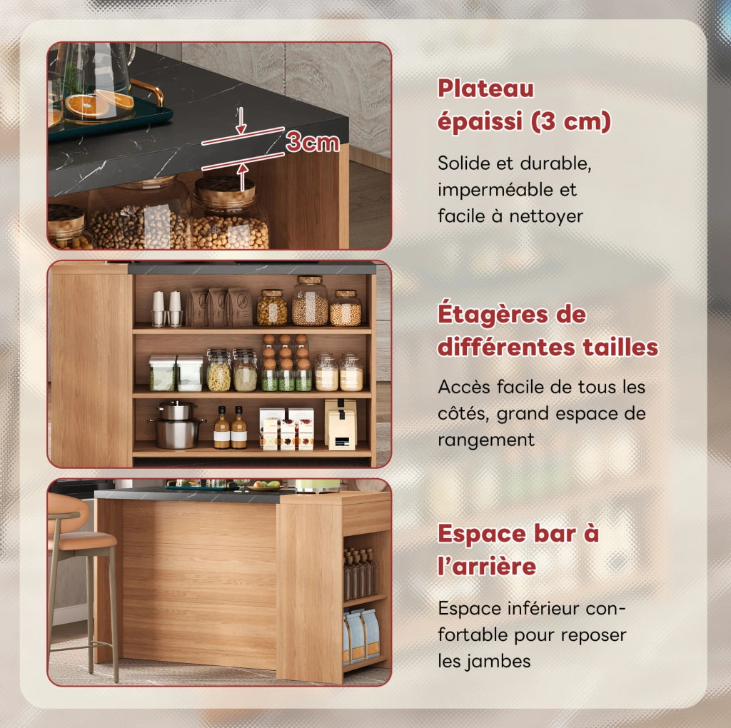 Isola cucina con bancone e cassetto nascosto 140x60x90 cm MDF nero effetto marmo e rovere